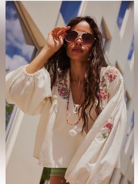 Free People Lucia Blouse - Embroidered Penny Lane — White & Pink — XS
